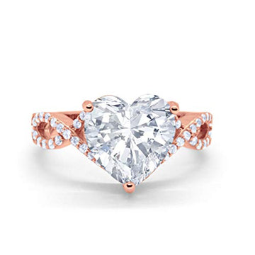 Art Deco Heart Promise Twisted Shank Rose Tone, Simulated CZ Wedding Ring 925 Sterling Silver